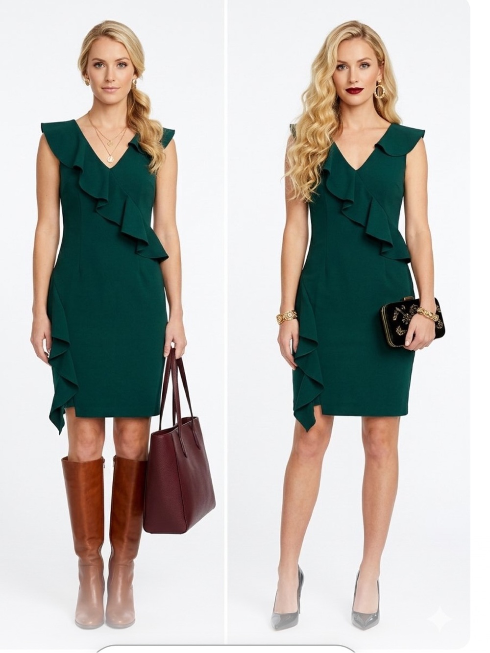 Gianni Bini Deep Green Ruffle V-Back Midi Dress retails $149